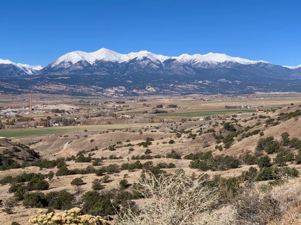 Salida and the Sawatch range from the top of Lil' Rattler